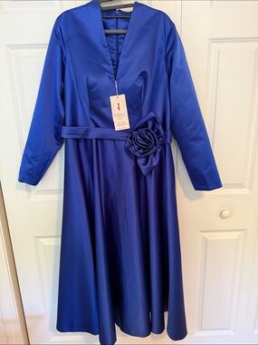 Royal Blue Satin V-Neck Tea Length Dress with Rosette Belt